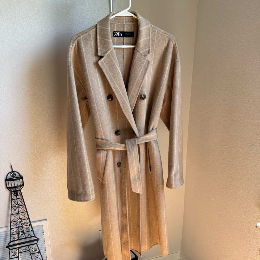 Zara Long Teddy Stripped Coat Wool Blended Trench Sz M - Picture 6 of 14